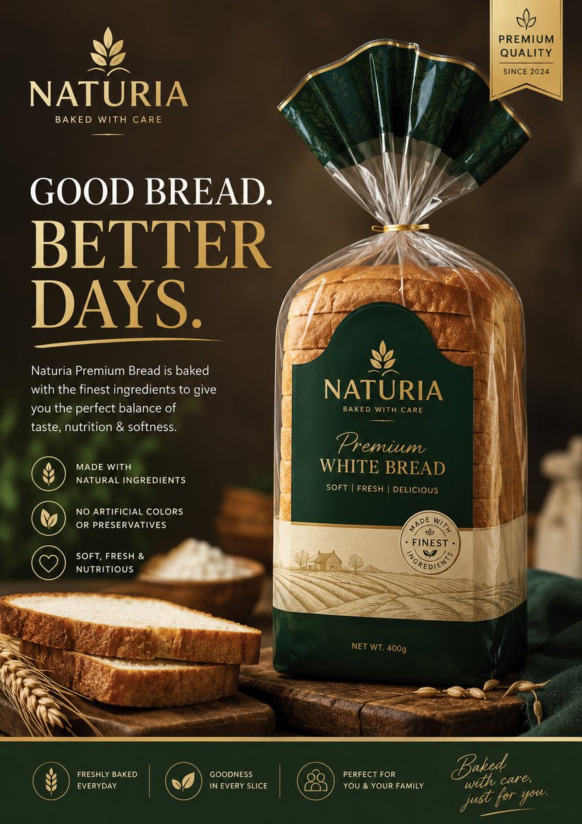 A luxury bread advertisement showing a packaged loaf, sliced bread, and gold-accent branding.