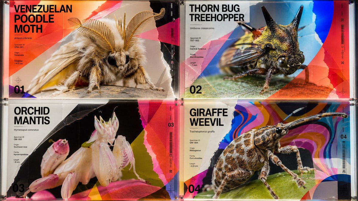 Four poster panels showing close-up rare insects with bold typography and colorful geometric overlays.