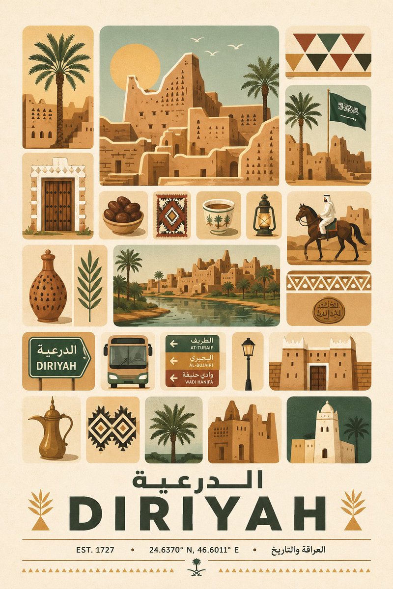 A grid-style travel poster for Diriyah with illustrated buildings, palm trees, signs, and local objects.