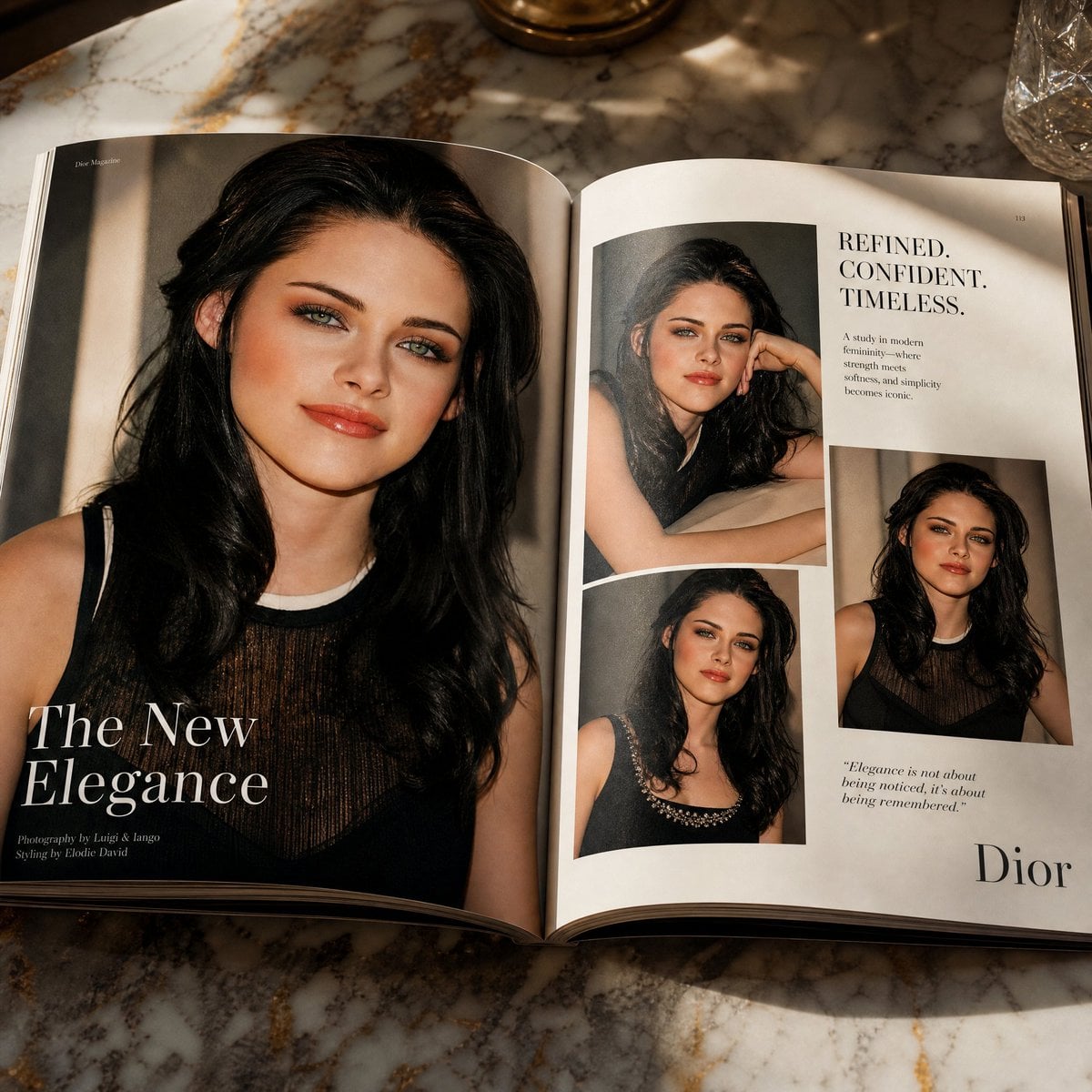 Open fashion magazine spread on marble with a large portrait on the left page and smaller images on the right.