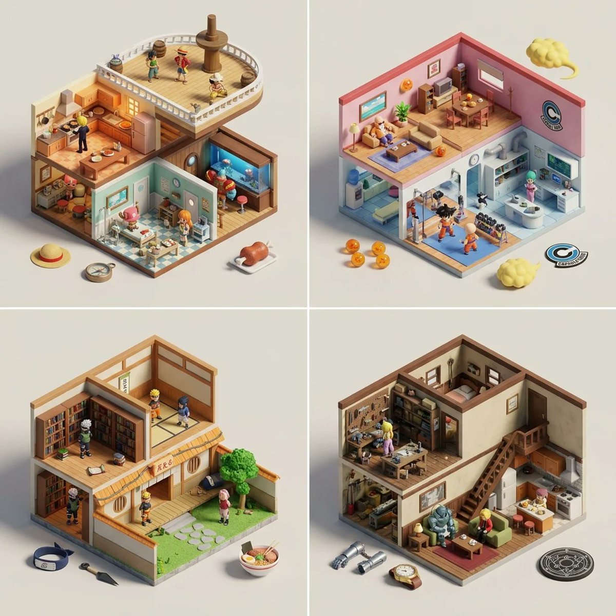 Isometric cutaway pirate ship diorama with small figures on deck and in the rooms below.