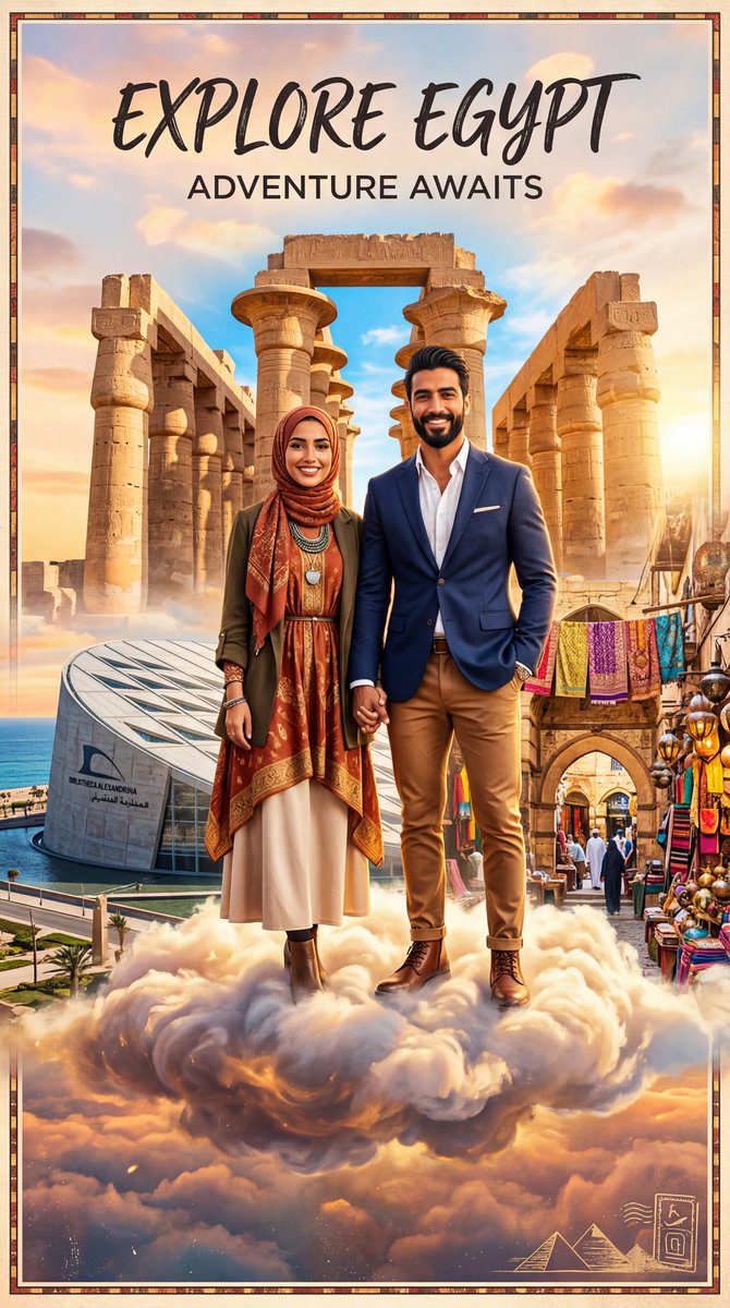 Vertical Egypt poster with a couple on clouds, temple columns, Alexandria library, and market street.