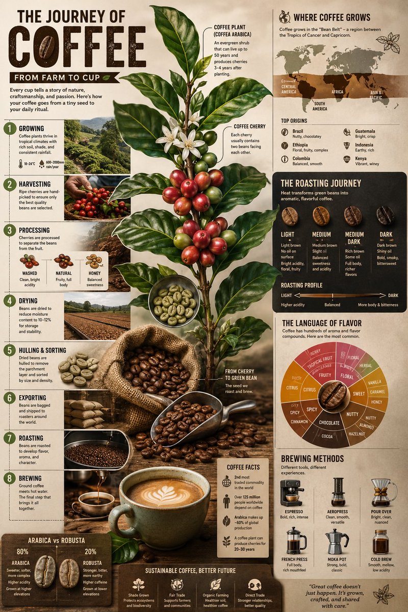 Coffee infographic poster with central arabica plant, roast chart, flavor wheel, and brewing method panels.
