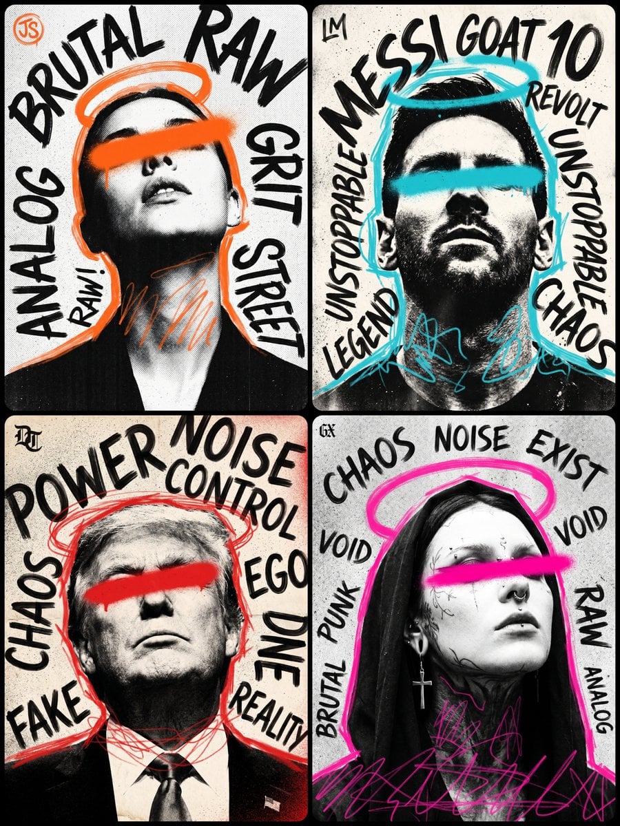 Four black-and-white portrait posters with colored eye bars, graffiti text, and rough painted outlines.