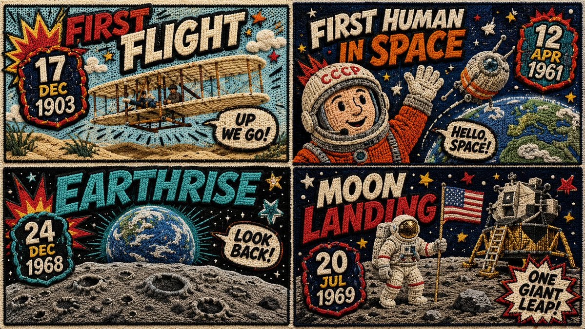 A four-panel textile poster grid showing retro space milestones in stitched comic style.