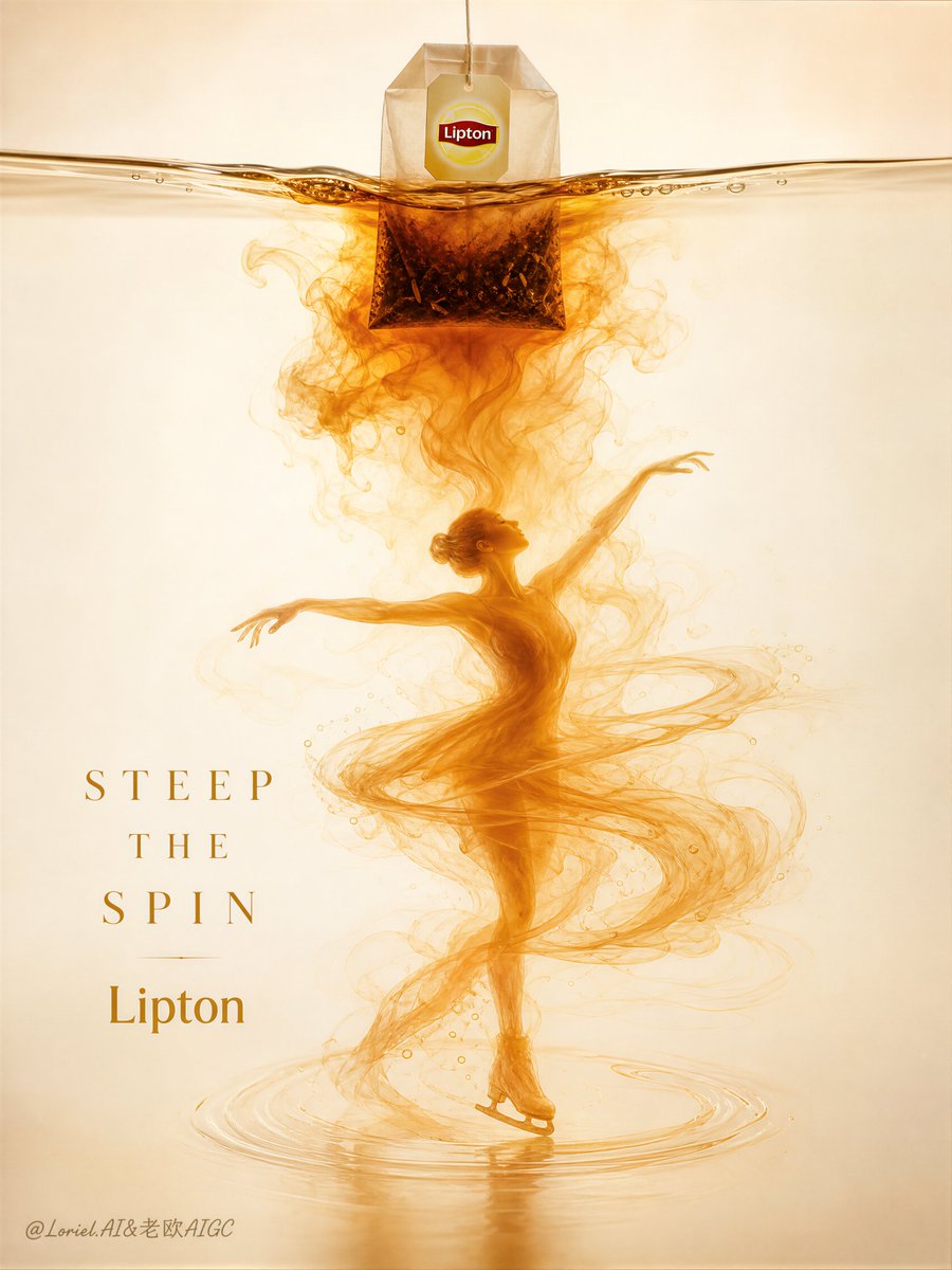 Lipton tea bag suspended at a waterline with amber tea forming a spinning skater silhouette below.