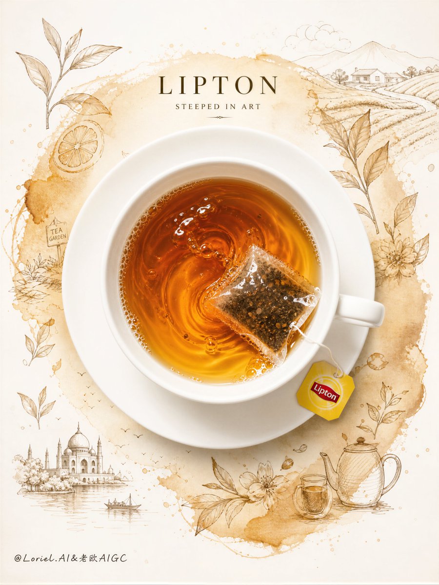 A white teacup of amber tea is surrounded by sepia watercolor botanicals in a top-down poster.