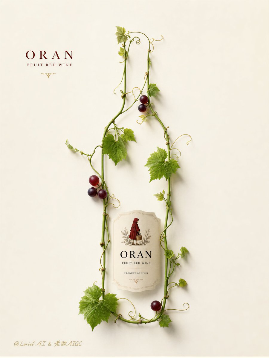 Grapevines form a standing wine bottle silhouette beside ORAN text on a cream background.