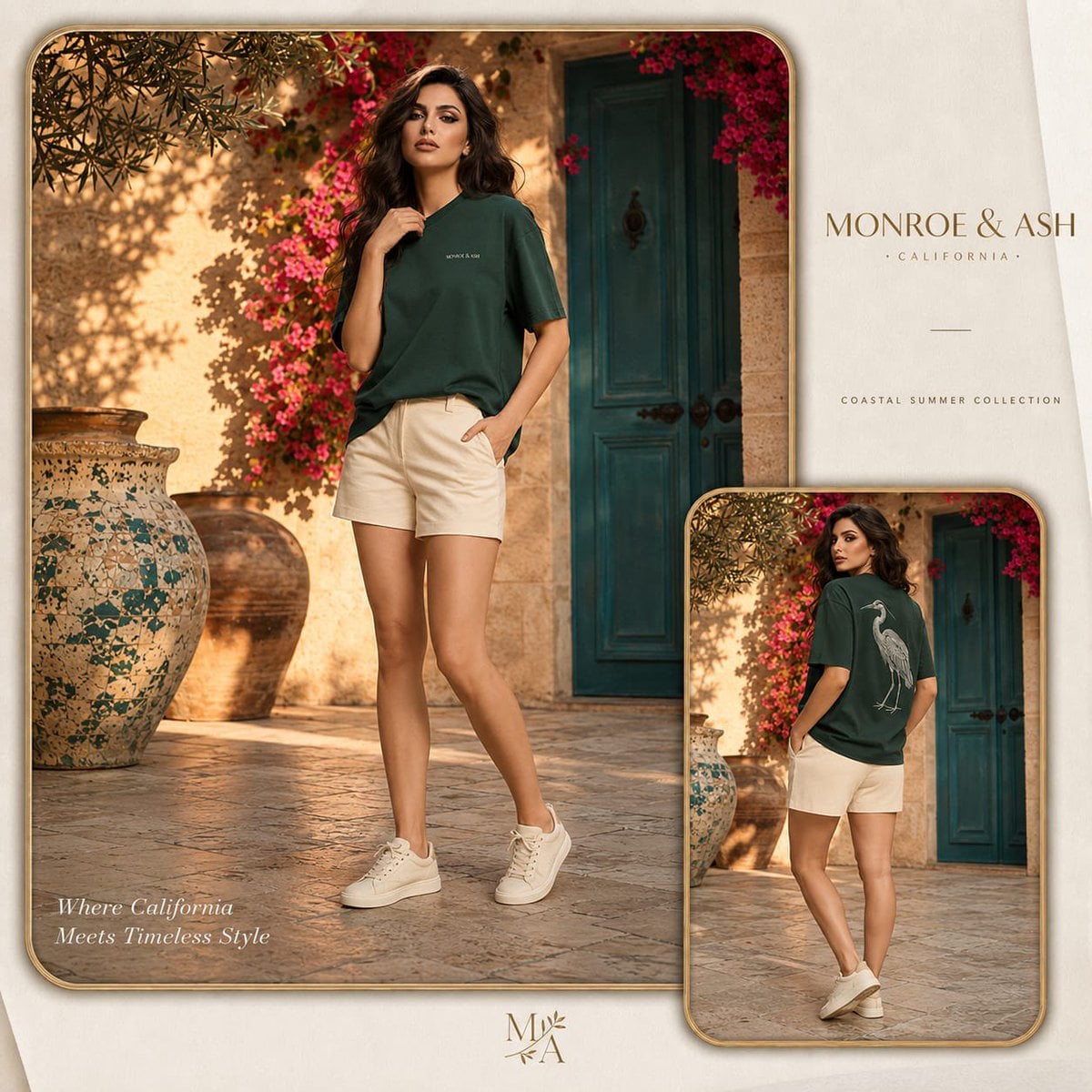 A fashion poster shows a woman in green resort wear standing in a sunlit courtyard with a smaller inset pose.