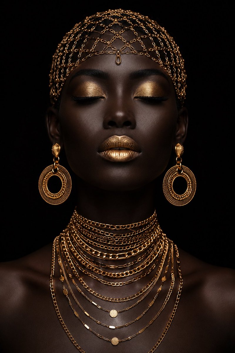 Black woman with closed eyes wearing gold makeup and layered jewelry on a black background