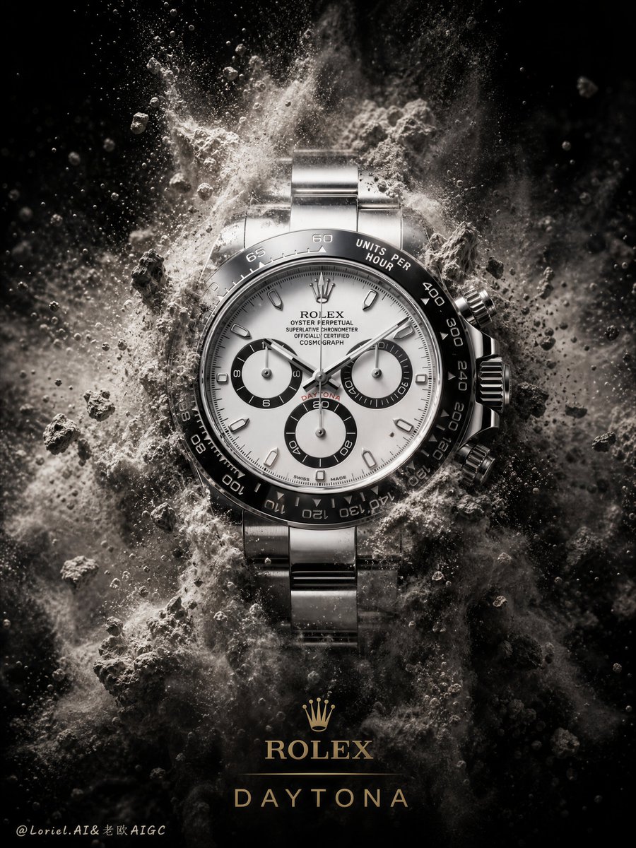 Rolex Daytona watch surrounded by a dense burst of gray dust on a black background.