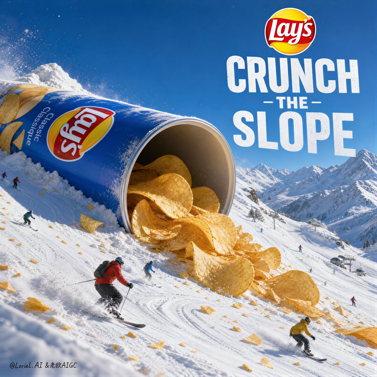 A giant Lay's chip canister spills chips onto a snowy mountain ski slope with tiny skiers below.