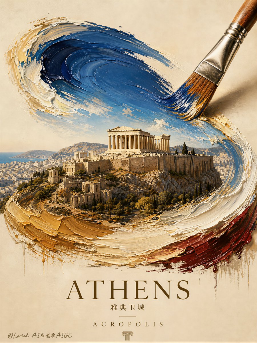 The Acropolis sits inside a sweeping blue and gold oil paintstroke on a cream poster background.