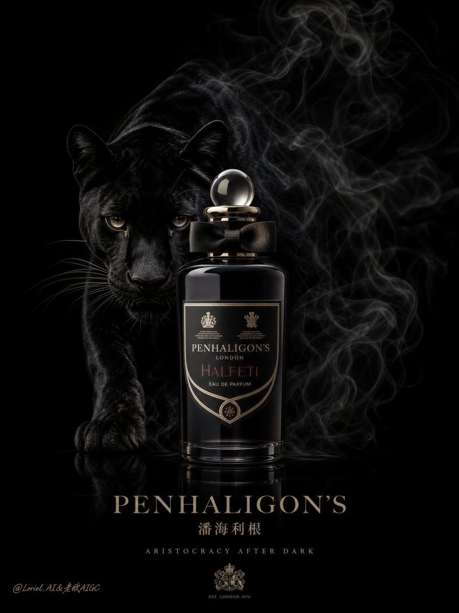A black panther looms behind a Penhaligon’s perfume bottle with drifting smoke on a black background.