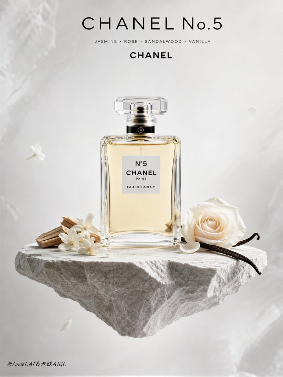 Chanel No.5 bottle on a floating stone pedestal with pale flowers and vanilla pods