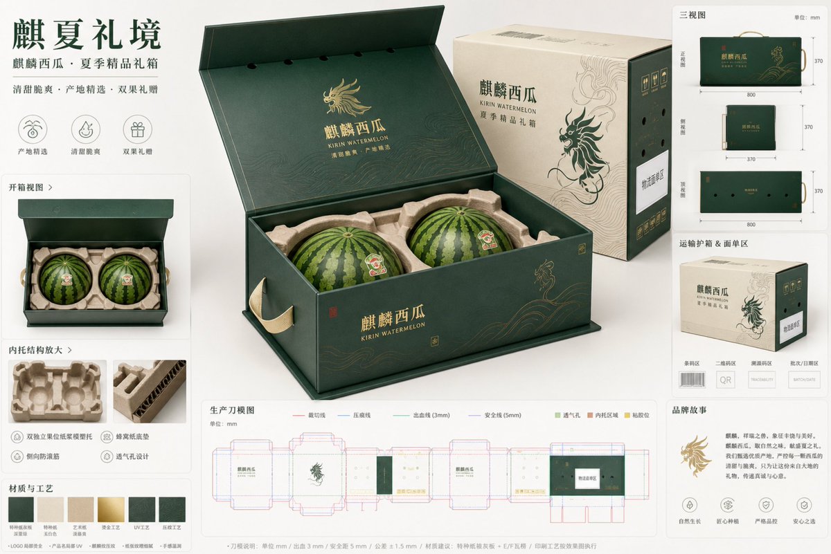 Packaging proposal board showing a dark green watermelon gift box, insert views, and dieline panels.