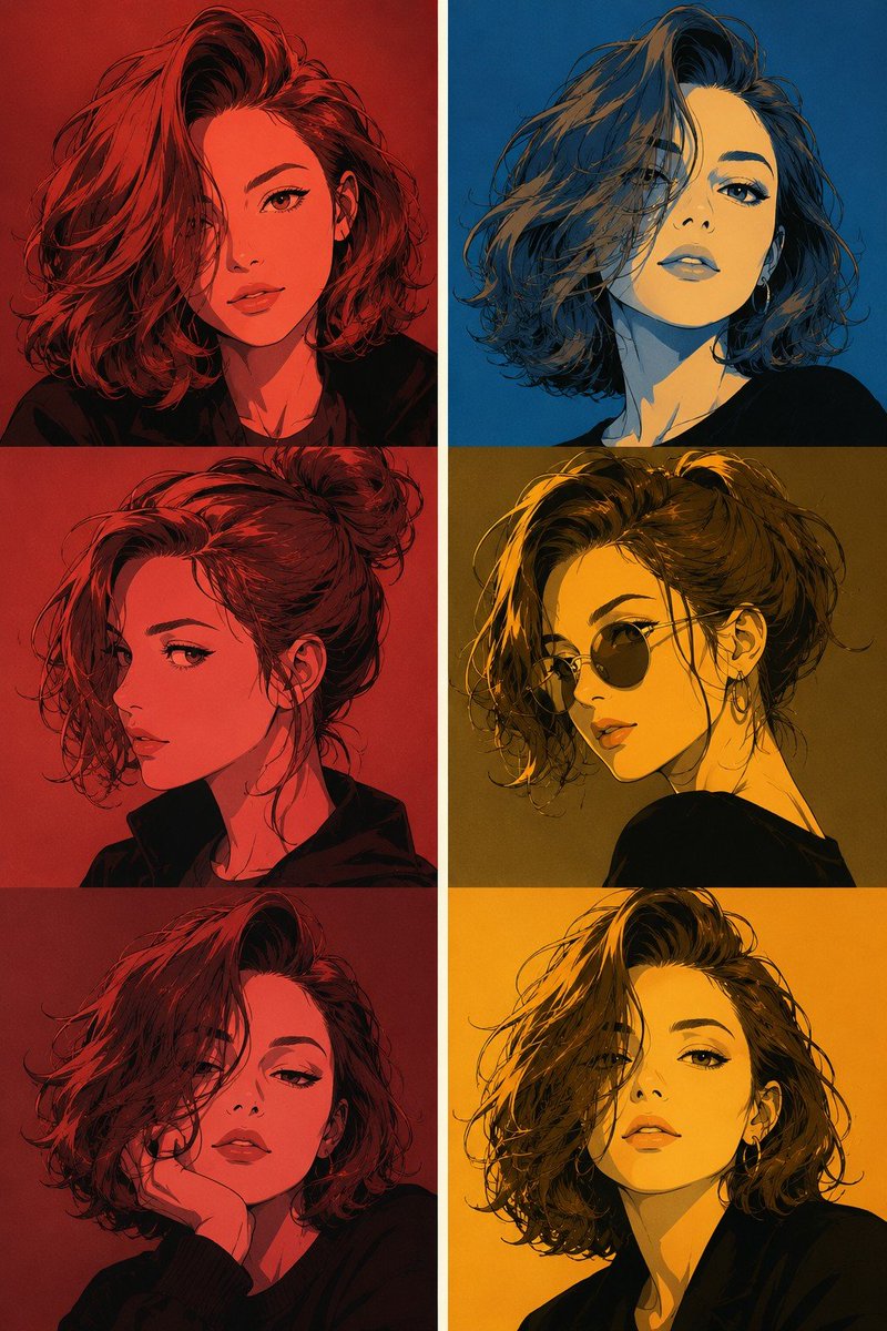 Six-panel graphic portrait poster featuring the same woman in bold red, blue, and yellow color blocks.