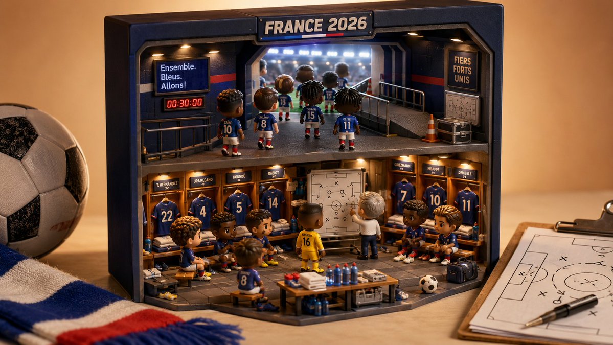 Miniature France 2026 football diorama with tiny players, locker room, and tunnel scene.