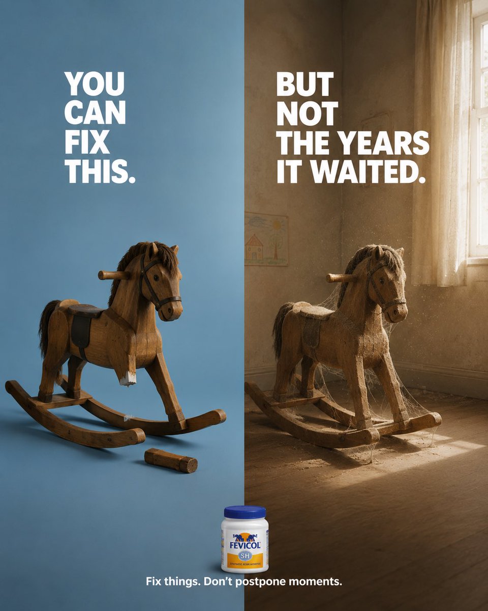 A split advertisement shows a broken rocking horse on a blue background and a dusty repaired horse in a dark room.