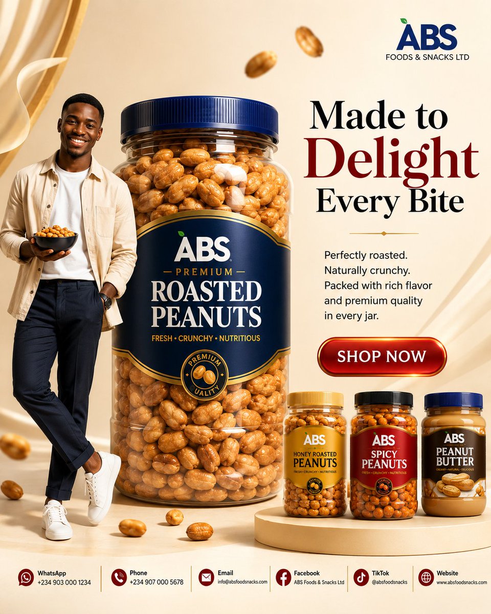 A premium peanut product ad with a large jar, smiling man, and three supporting jars.