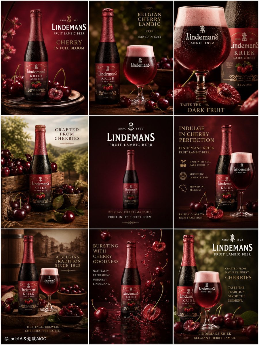 Nine-panel beverage campaign board featuring cherry lambic bottles, glasses, and dark red cherries.