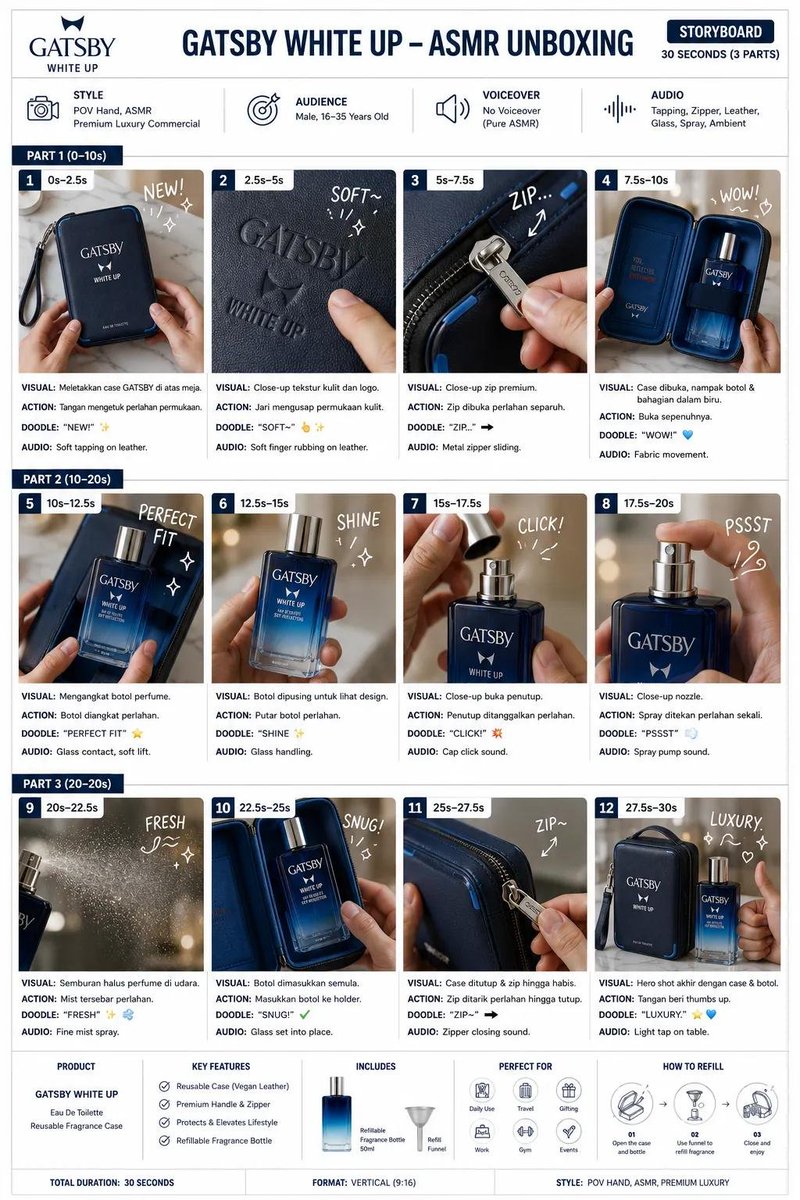 White storyboard poster showing twelve perfume unboxing frames with navy headings and product notes.
