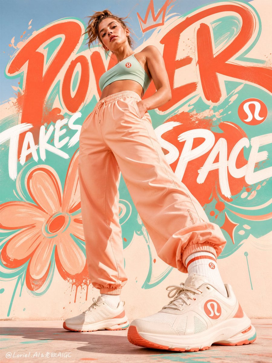 Low-angle fashion poster of a woman in mint top and peach pants before coral graffiti lettering.