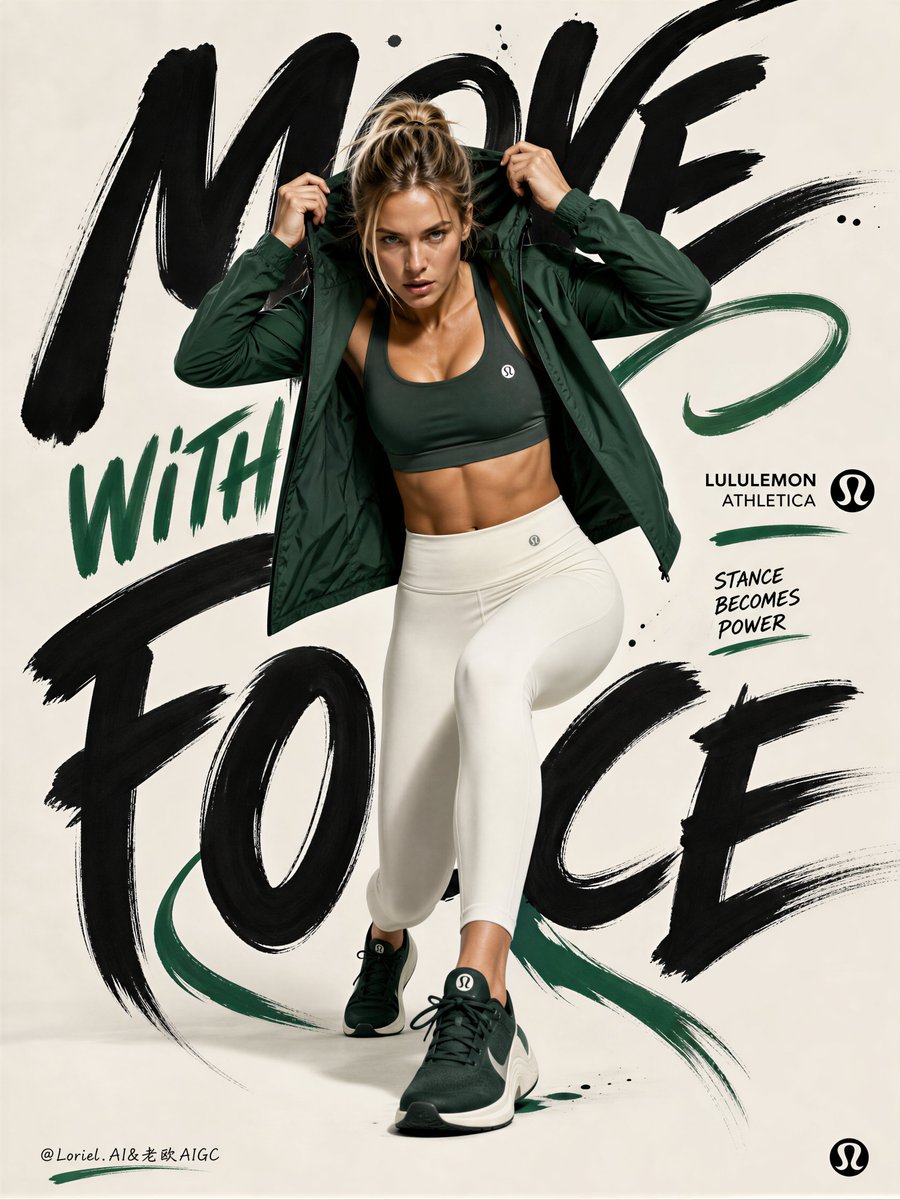Athletic woman in green jacket and white leggings posed in front of bold brush lettering.
