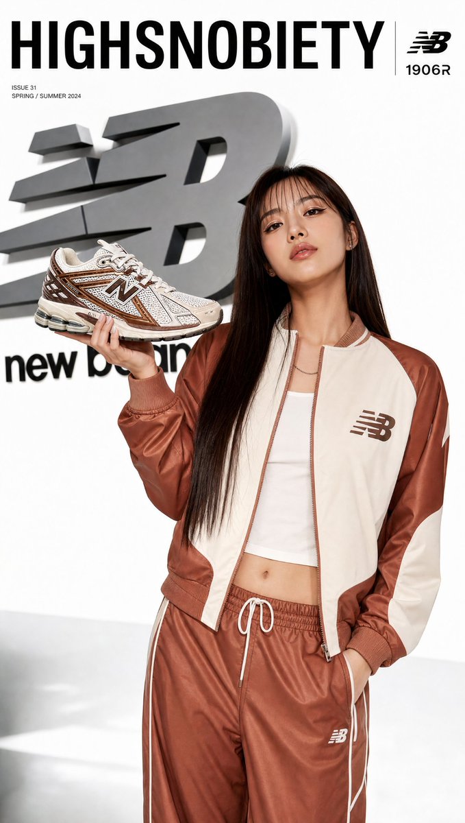 Fashion model in brown and cream tracksuit holding a sneaker before a large logo wall.