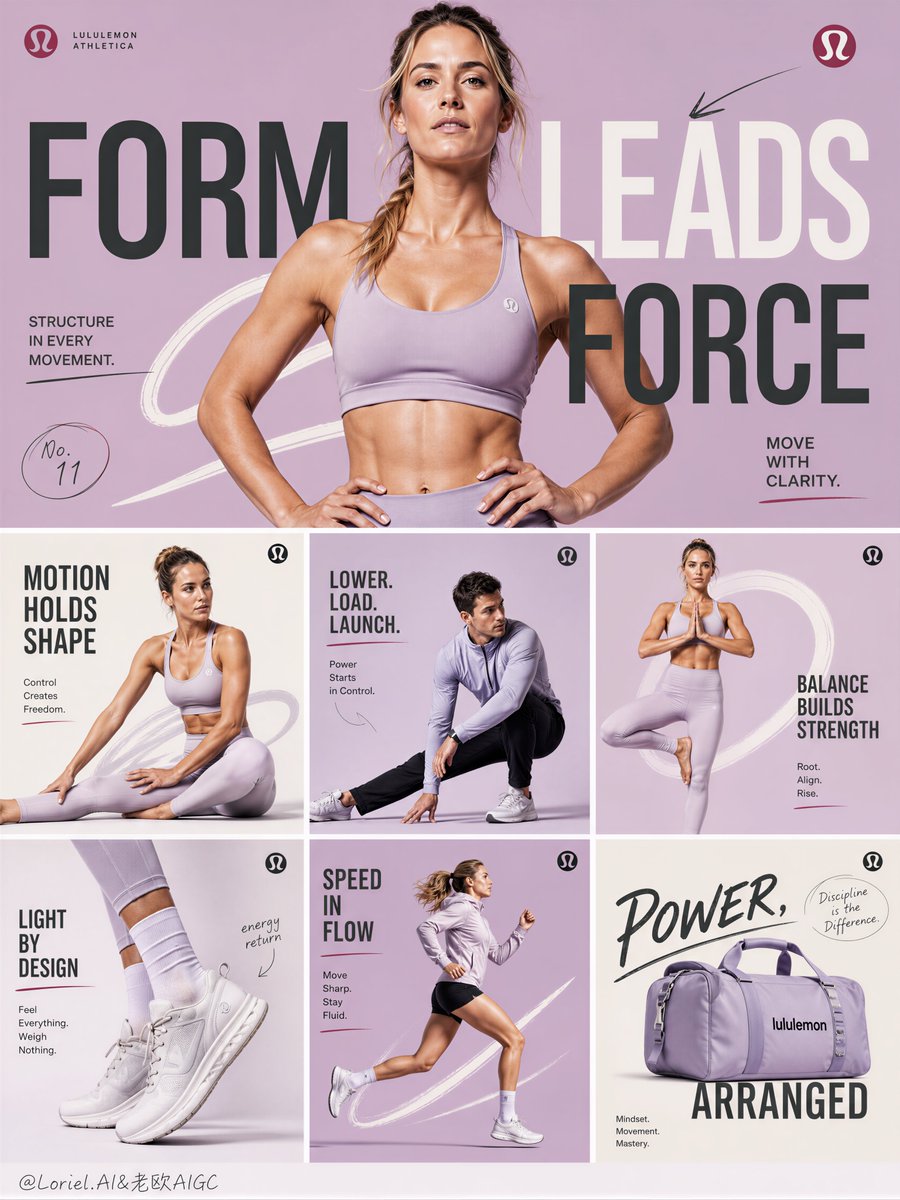 Lavender athletic campaign board with a central female model, six supporting panels, bold text, and product imagery.