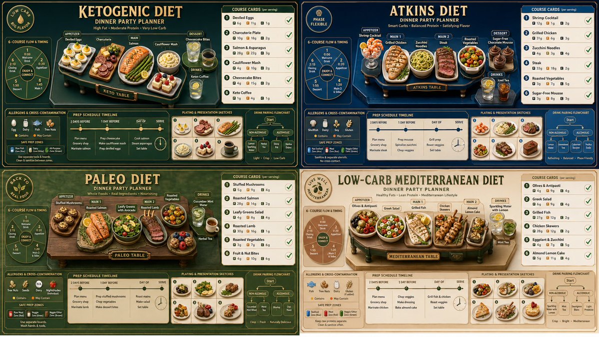 Four-panel low carb diet planner infographic with buffet layouts and macro cards
