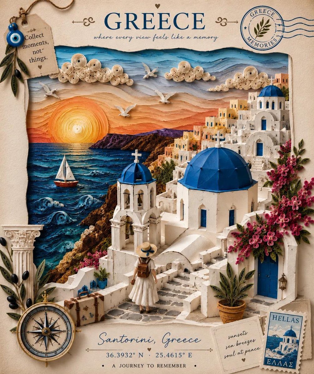 Santorini Papercraft Travel Poster