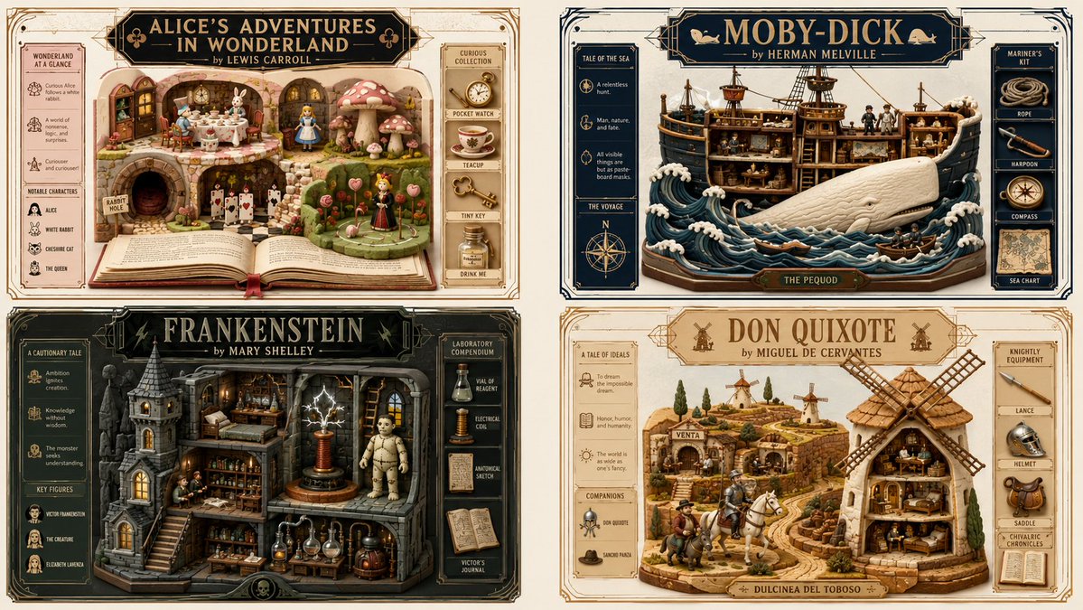 A four-panel poster set showing miniature diorama scenes based on classic novels.