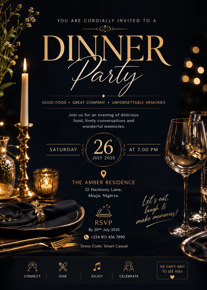 Luxury dinner party invitation poster with gold typography, candles, wine glasses, and dark tableware on a black background.