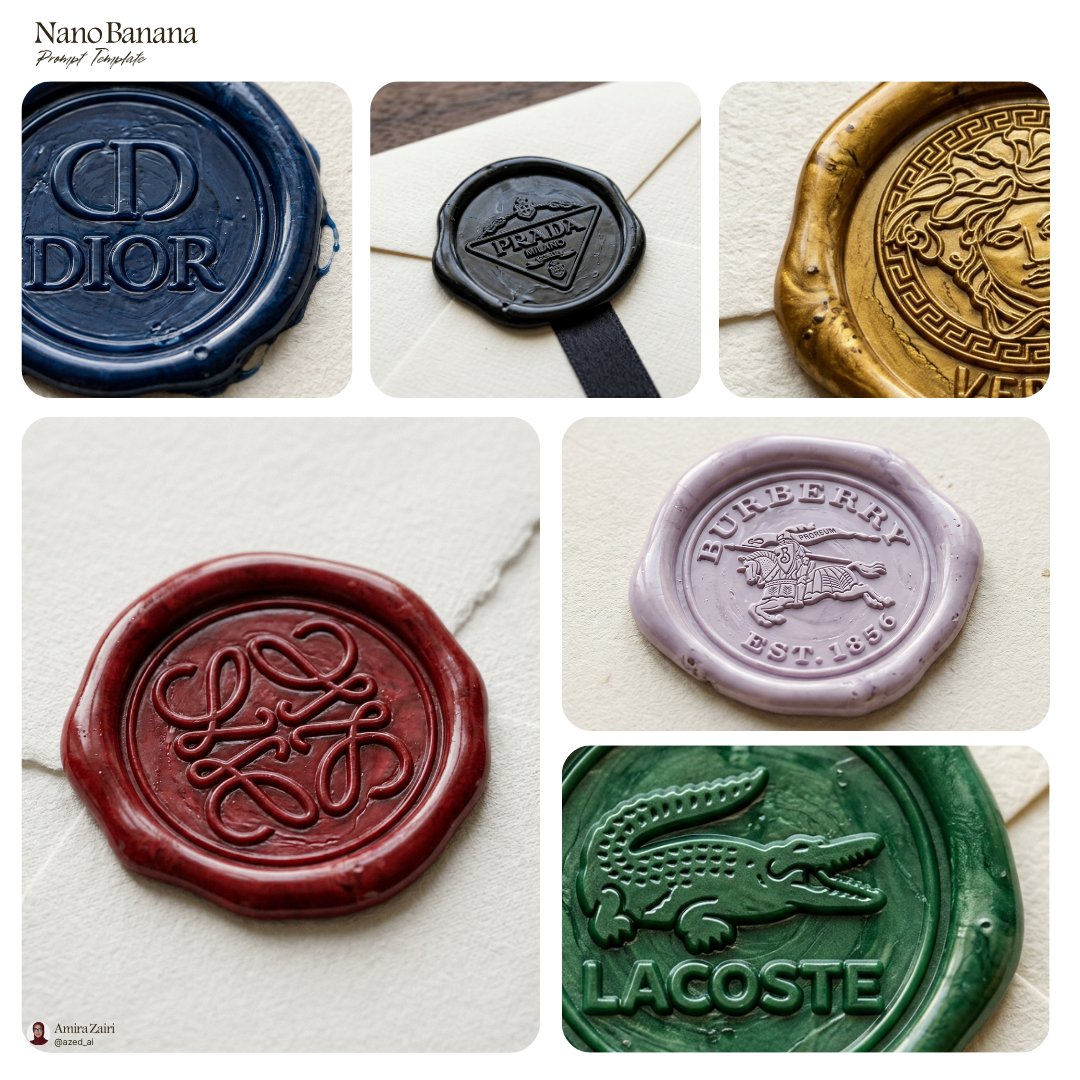 A collage of six colored wax seals embossed with luxury brand logos on paper.