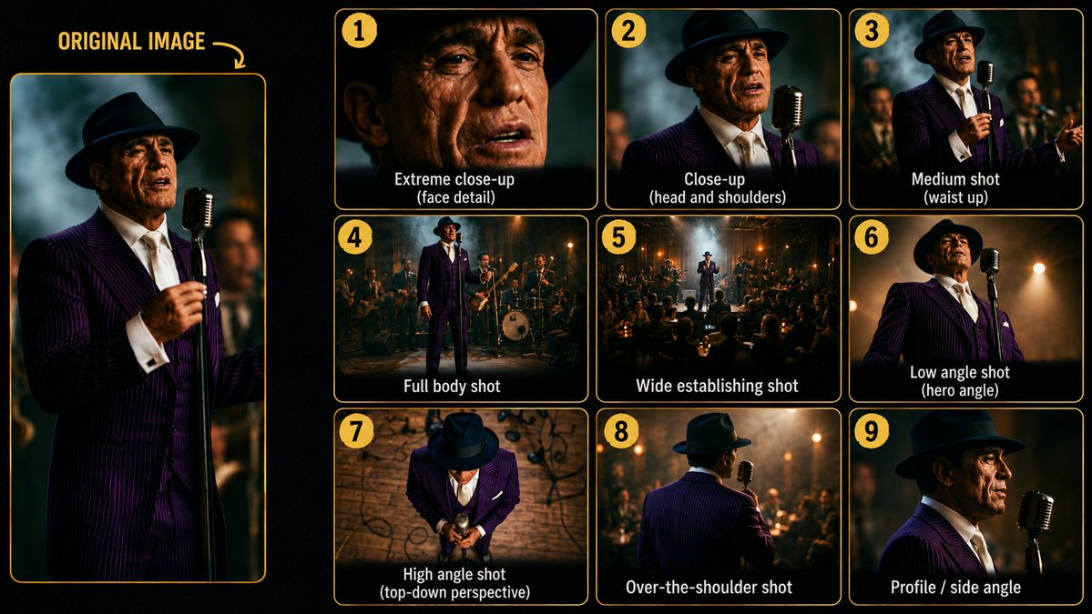 A 3x3 grid compares a singer scene in different camera angles and shot sizes.