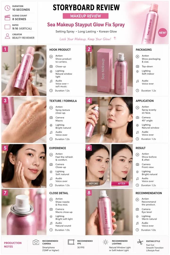 Vertical skincare storyboard with eight labeled panels for a pink setting spray review.