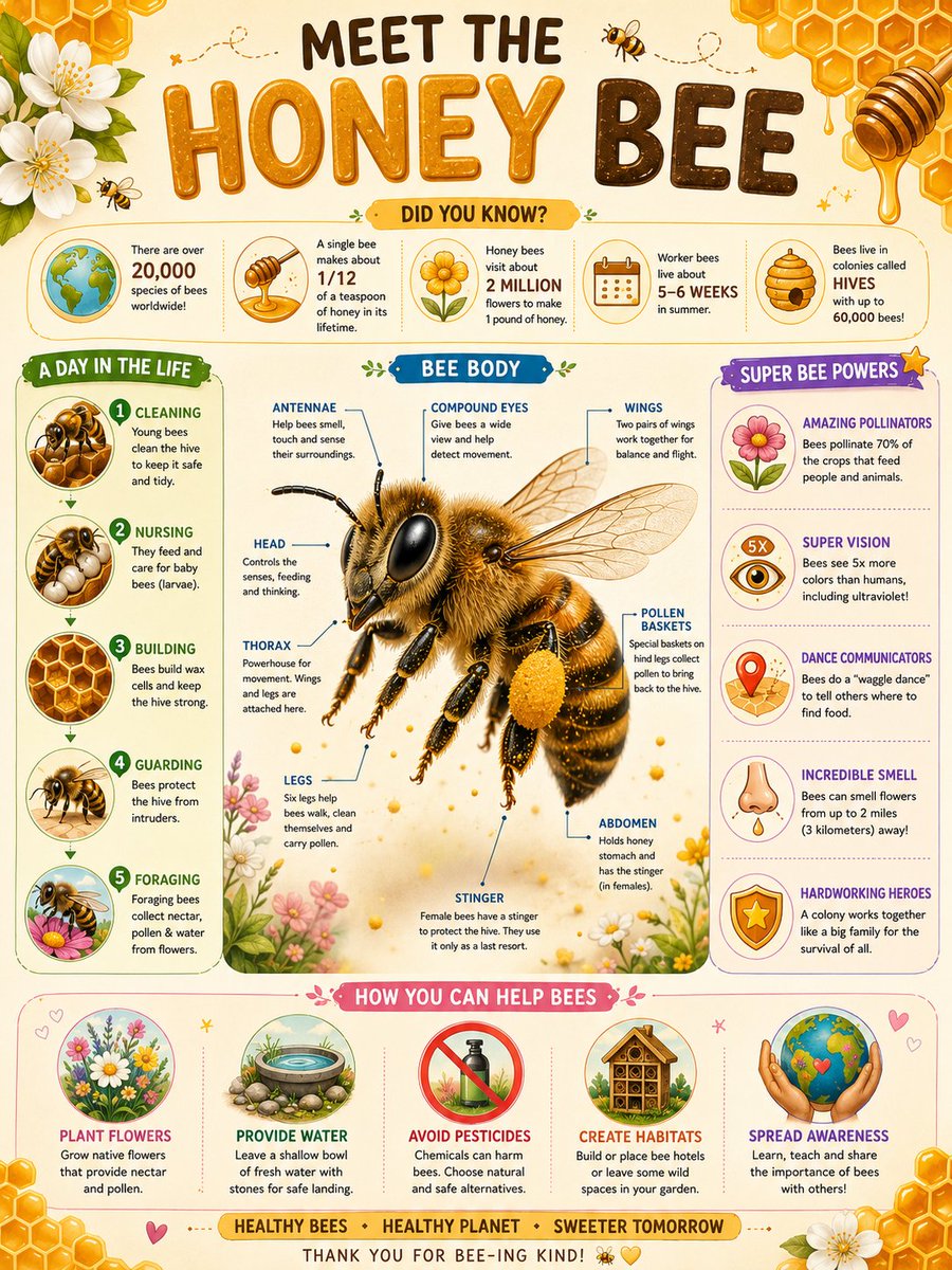 Colorful educational poster about honey bees with anatomy labels, facts, and eco tips.