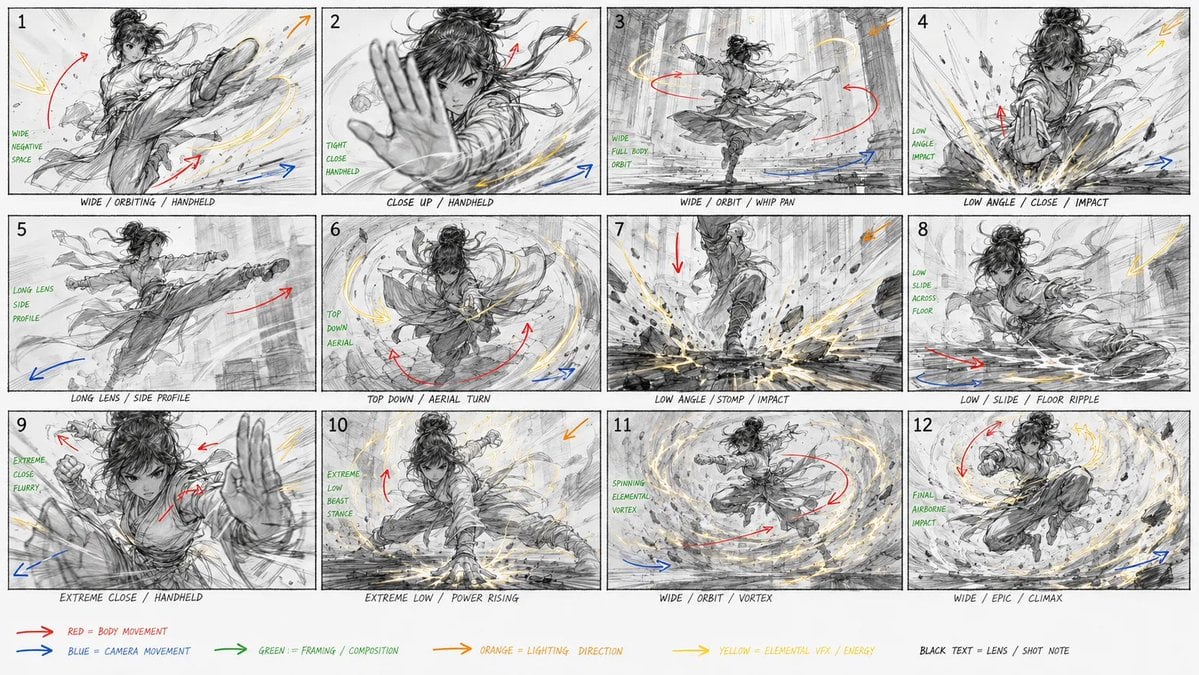 Twelve-panel black-and-white kung fu storyboard showing a woman performing fast temple fight moves.