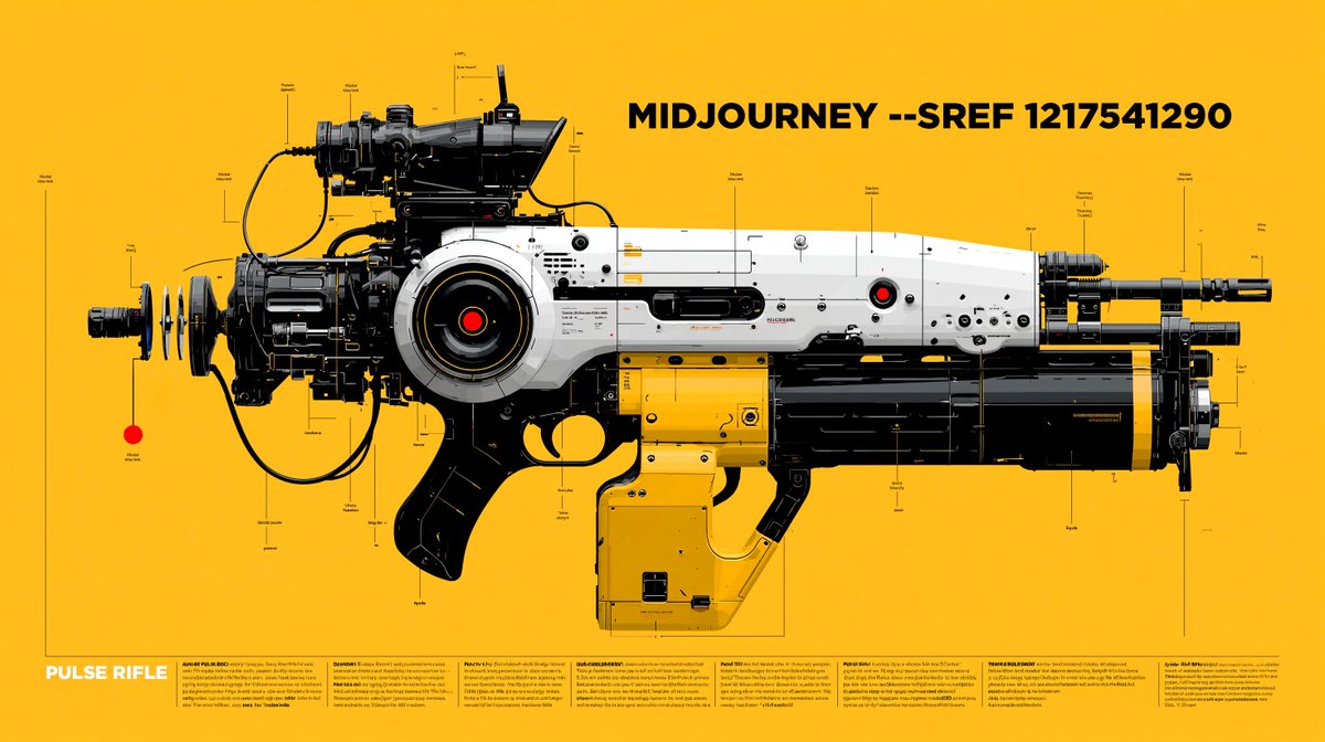 Labeled futuristic pulse rifle diagram on a bright yellow background with black and white mechanical details.