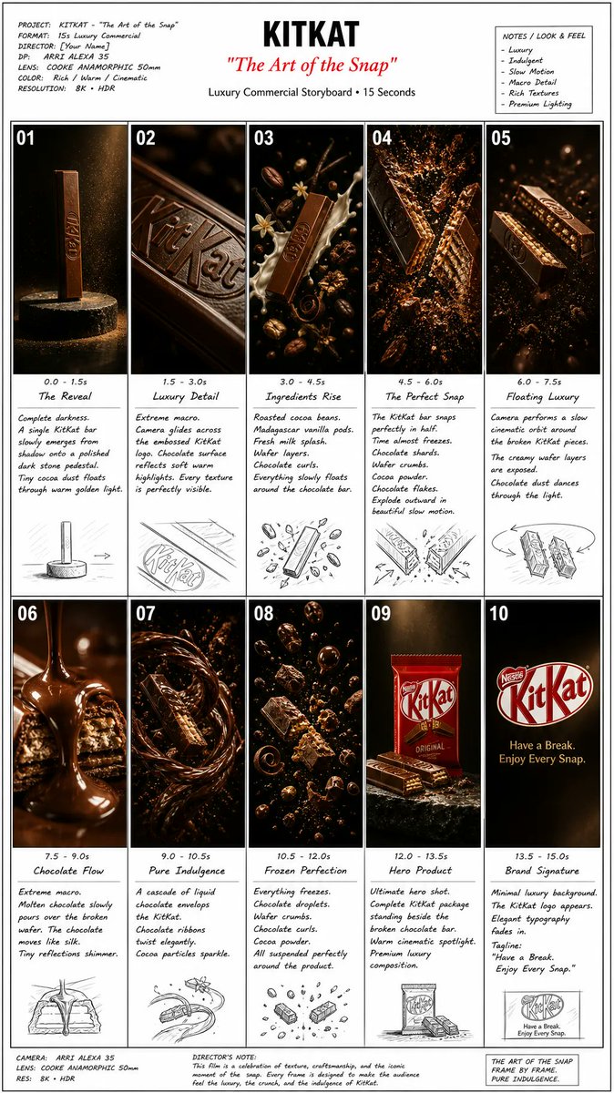 A 10-frame KitKat commercial storyboard page with cinematic chocolate shots and captions.