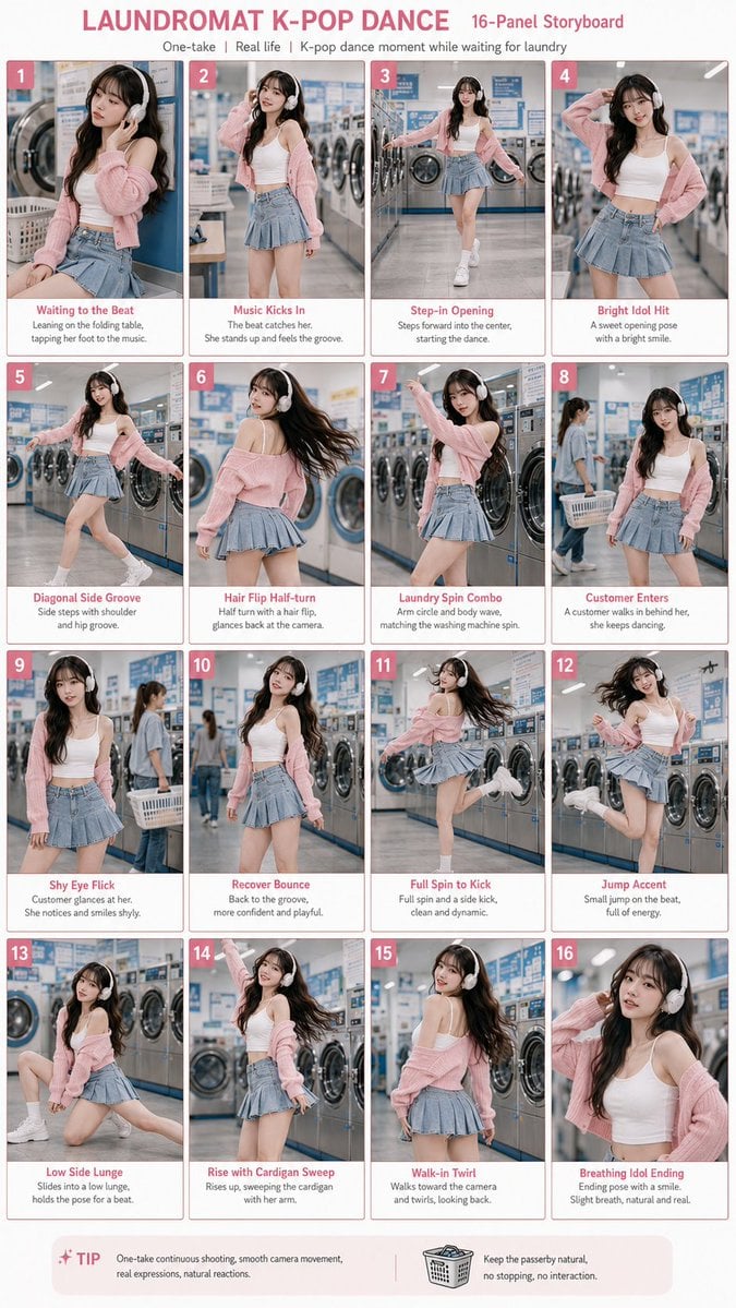 Sixteen-panel poster of a young dancer performing in a laundromat.