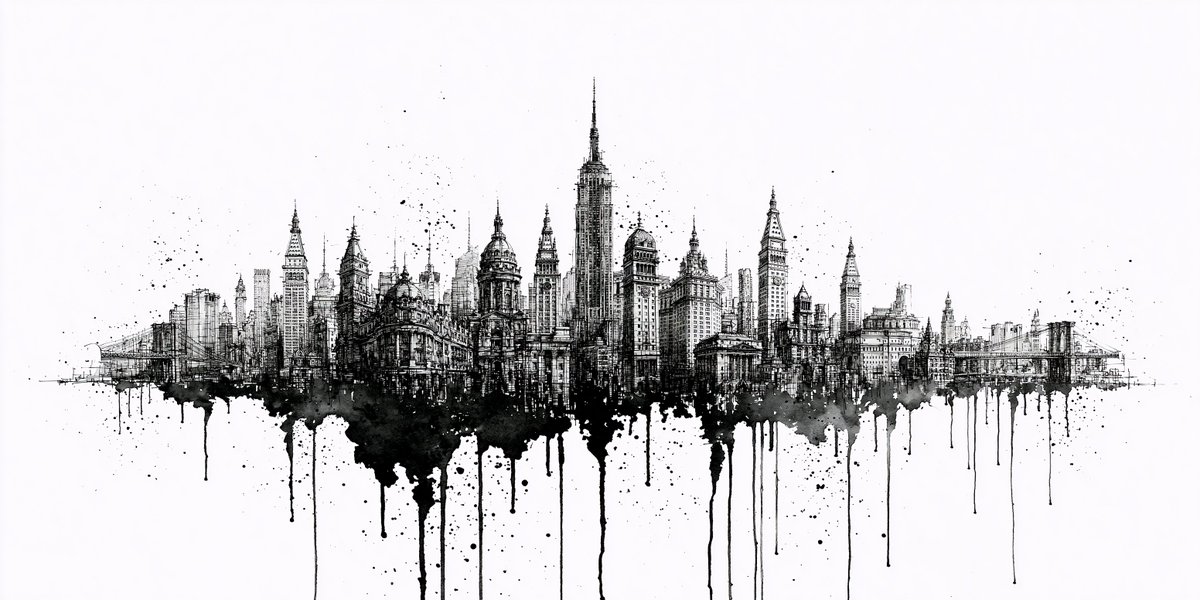 Black ink city skyline illustration with watercolor drips on a white background.