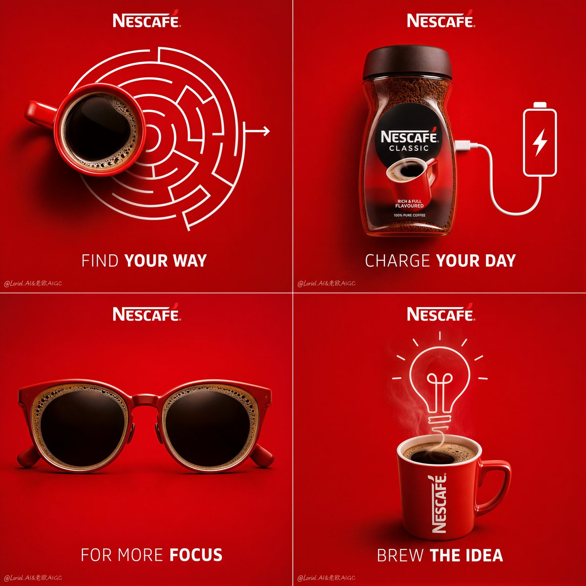 A red four-panel Nescafé poster shows coffee cups, a jar, sunglasses, and a lightbulb steam idea.