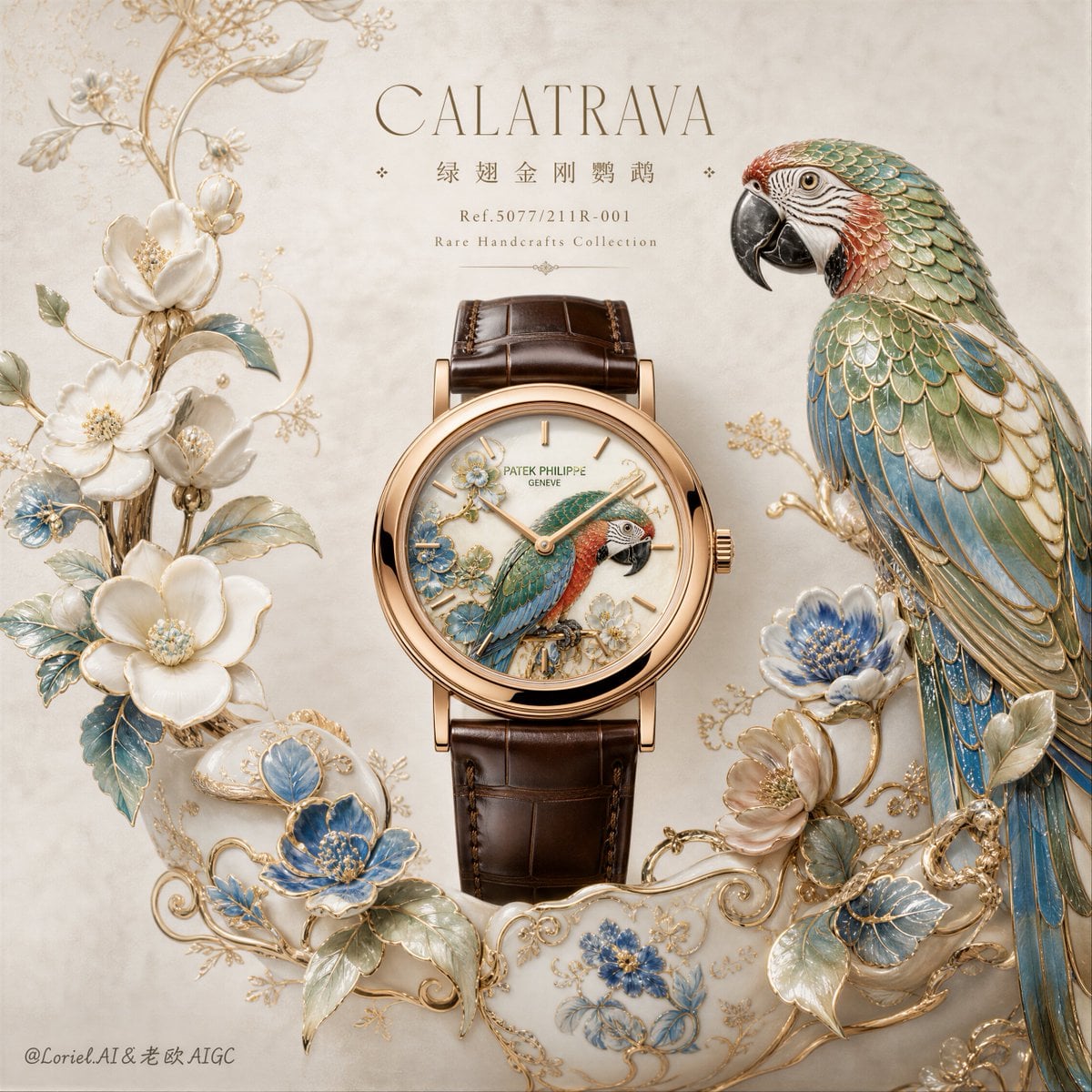 A rose-gold wristwatch centered among porcelain flowers and a detailed macaw on a pale background.