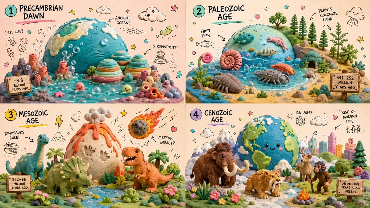 A four-panel clay-style infographic showing different eras of Earth history with playful labels.