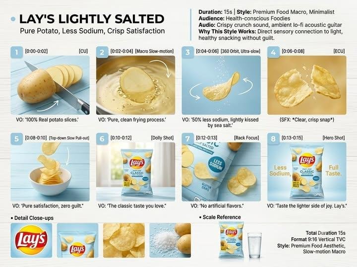 A pastel blue Lay’s Lightly Salted storyboard with chip preparation scenes and product shots.