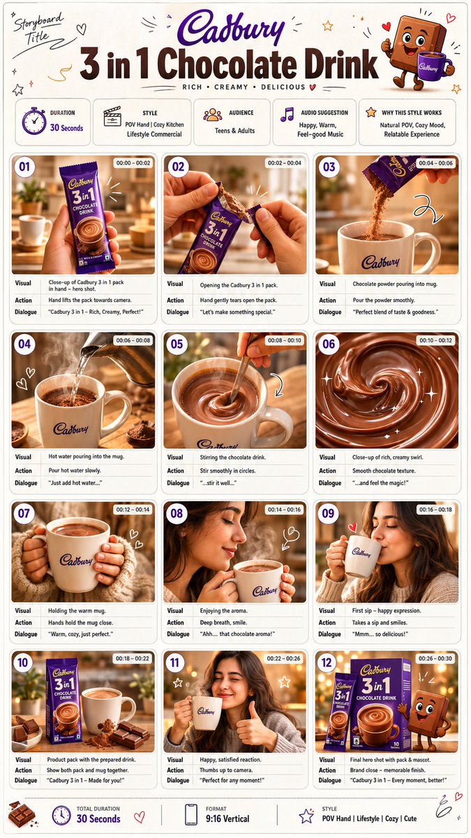 A 12-panel Cadbury chocolate drink storyboard sheet with cozy kitchen scenes and product notes.