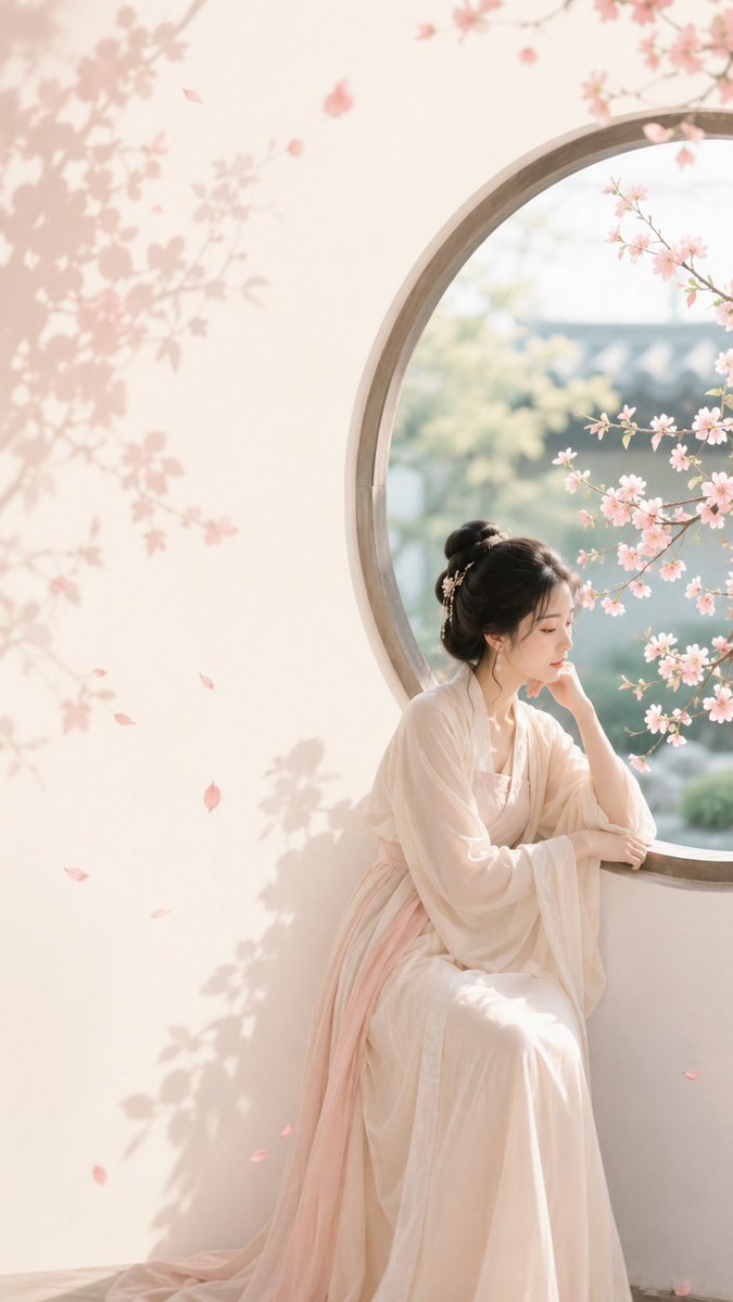 A woman in pale clothing sits beside a round moon window with pink blossoms and soft shadows.