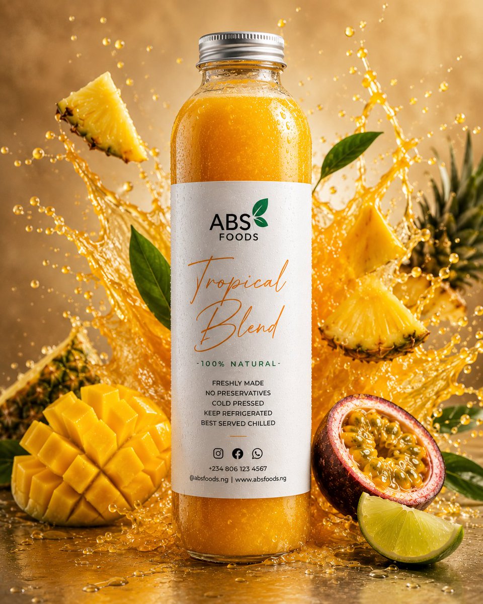 A glass bottle of tropical juice surrounded by a splash, pineapple, mango, and passion fruit.